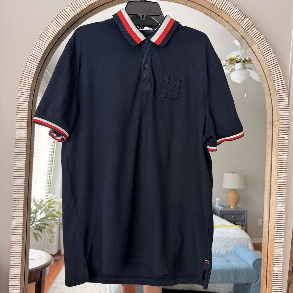 Tommy Hilfiger Men’s XL Navy Stretch Polo Shirt Big H Logo Short Sleeve Cotton